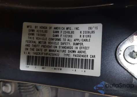 2015 Honda Accord Lx из США, поврежденный, VIN 1HGCR2F38FA258402